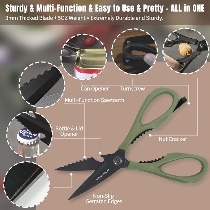 Kitchen Scissors All Purpose, Extra Sharp Kitchen Shears with Knife Sharpener & Sheath, Solid & Durable Stainless Steel Scissors with ANTI-RUST Black Titanium Plated, Dishwasher Safe – 3 Pack