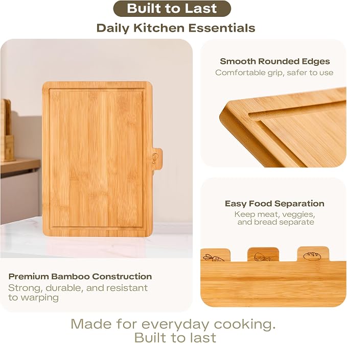 Bamboo Cutting Boards for Kitchen Set of 3, Large 14’’ x 10’’ with Holder, Wooden Cutting Board with Juice Groove & Labels for Meat Vegetables Bread