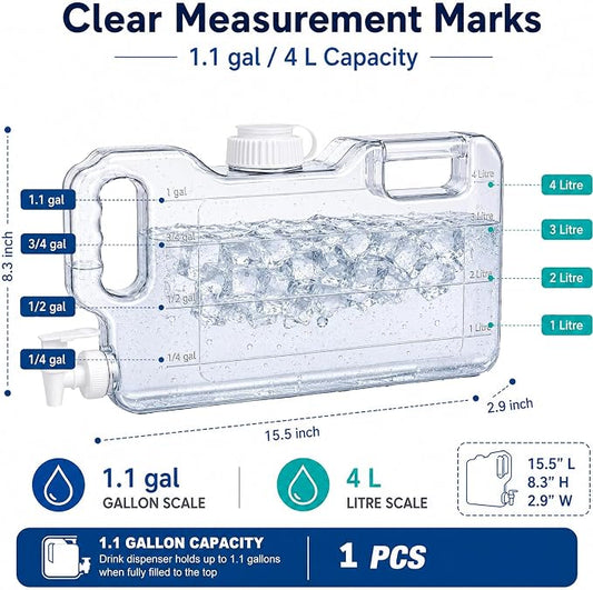 Fridge Water Dispenser with Leak-Proof Spigot, Reusable Refrigerator Drink Dispenser with Handle, Water Jug Beverage Container for Iced Tea, Juice, Lemonade, Party and Daily Use (1, 1.1 Gallon)