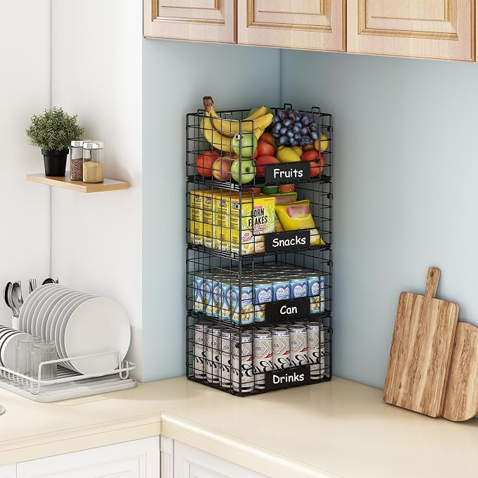 JKsmart 4 Pack XL Stackable Wire Baskets, Pantry Organizers and Storage | Pantry Baskets with Handles and Name Plates, Muti-Purpose for Snack Organizer & Vegetable Basket & Fruit Basket & Snack Rack
