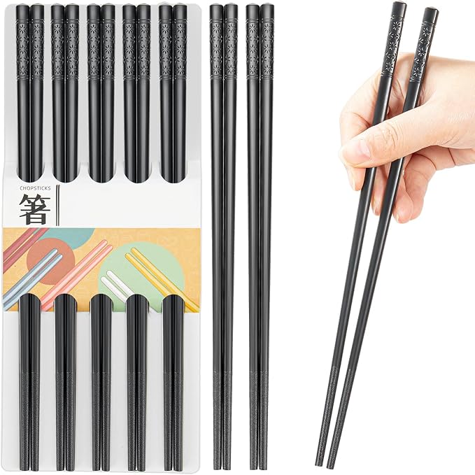 5 Pairs Dishwasher Safe Fiberglass Chopsticks Set,9.5 Inch Reusable Japanese Chinese Chopsticks , Non-Slip, Easy to Use (black, 9.5 inch)