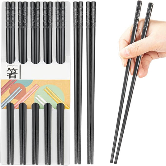 5 Pairs Dishwasher Safe Fiberglass Chopsticks Set,9.5 Inch Reusable Japanese Chinese Chopsticks , Non-Slip, Easy to Use (black, 9.5 inch)