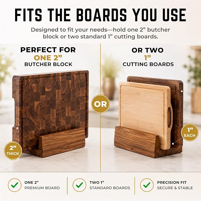 SHUMARU 2-Inch Thick Cutting Board Holder – Solid Hardwood Stand for Premium Butcher Blocks – Perfect Fit for Heavy 2" Thick Boards – Anti-Tip Countertop Organizer Holds Two 1" Boards
