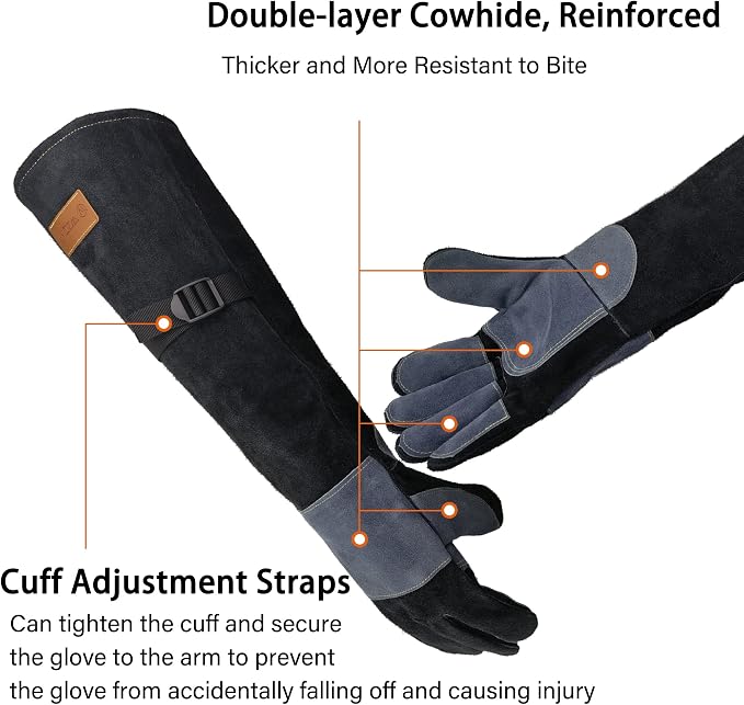 WZQH 21.3 In Gloves for Animal Handling,Welding,Bite Proof for Cat Dog.M | For Grabbing Reptile Bird Falcon Livestock Snake,Grooming,Trips to Vet,Fireplace.Puncture & Scratch Resistant,Leather,Black