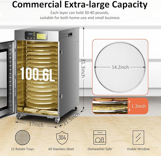 Rotary Food Dehydrator 16 Trays, Commercial Large Rotating Food Dryer Machine for Jerky, Herbs, Mushrooms, Fruit, Dog Treats, 1500W Full Stainless Steel Industrial Dehydrater (Gunmetal Gray)