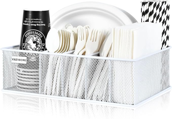 VIKEYHOME Paper Plate Organizer, Metal Silverware Caddy, White | 6 Compartments Utensil Holder for Plate, Knives, Spoon, Cup, Fork, Napkin, Caddy for Party, Camping, Picnic