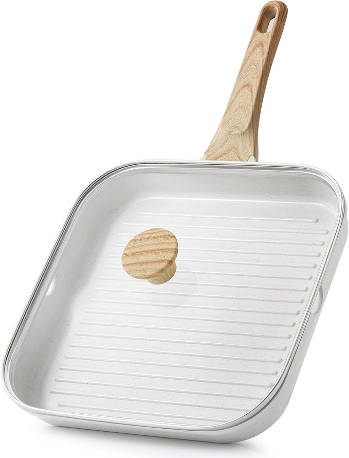 SENSARTE Nonstick Ceramic Grill Pan with Lid, Grill Pan for Stove Tops, Square Grilling Pan with Pour Spouts, Durable Grill Skillet for All Stoves, Steak Bacon Pan, Non Toxic PTFE,PFAS,PFOA Free