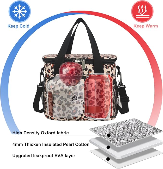 Lunch Bags for Women/Men, Insulated Lunch Bag for Work Office Picnic - Lunch Cooler Bag Leakproof Lunch Box with Adjustable Shoulder Strap - Leopard Print