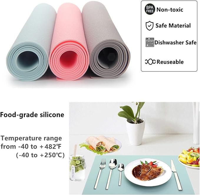 IYYI Silicone Placemats, Dining Placemats Set of 4, Waterproof Placemats for Kids, Non-Slip Silicone Mats for Dinner Table, Heat Resistant & Dishwasher Safe (Light Gray, 17.6" ×12.5")