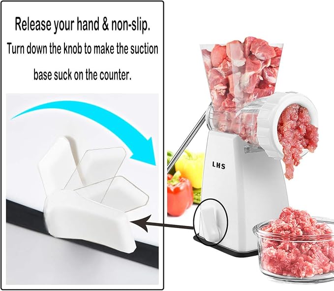 Manual Meat Grinder with Stainless Steel Blades Heavy Duty Powerful Suction Base for Home Use Fast and Effortless for All Meats-White