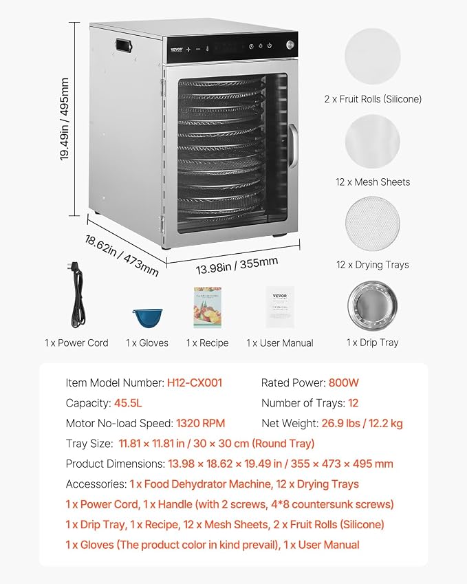 VEVOR Food Dehydrator Machine, Rotary 12 Stainless Steel Trays, 800W Electric Food Dryer with Adjustable Temp & 24-Hour Timer, Food-Dehydrator for Jerky, Meat, Fruit, Vegetables, Herbs, Dog Treats
