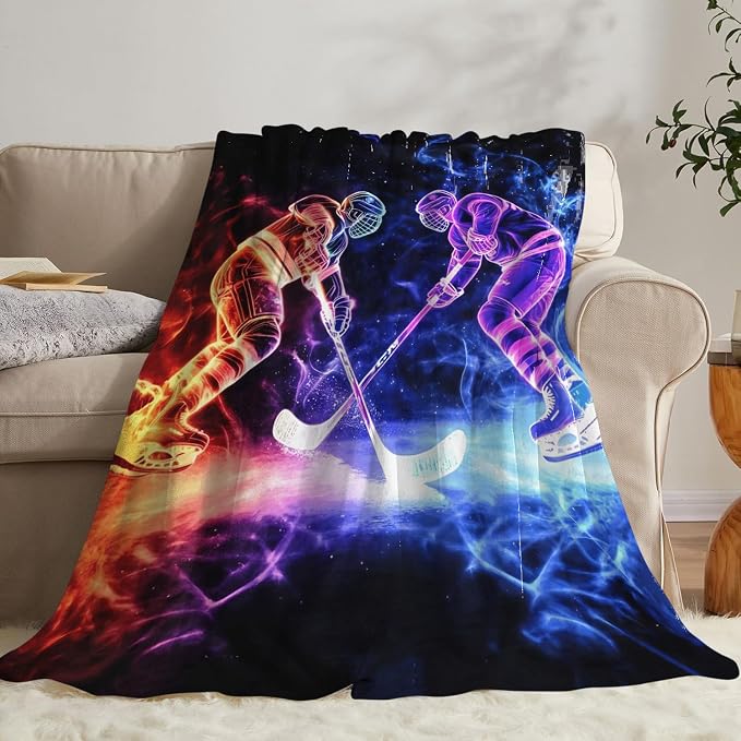 Yibuda Neon Hockey Player Blanket Ice Hockey Flannel Plush Throw Blanket Cozy Sports Fans Decor Fleece Stuff Blanket Gifts for Lover Girls Boys Kids Adults Women Bed Travel 60"x80"