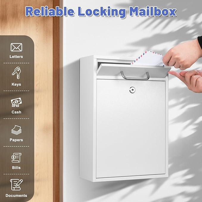 KYODOLED Locking Wall Mount Mailbox for Outside, Drop Box, X-Large, White | Heavy-Duty Steel, Outdoor Mail Box with Key Lock, Large Capacity, Home, Office & Apartment Use, 16.2H × 11.2L × 4.6W In