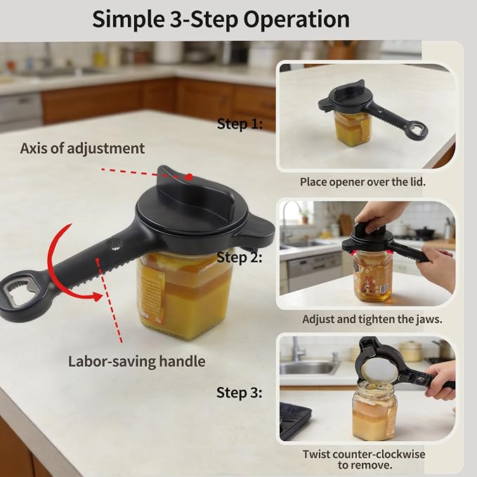 4-in-1 Jar Opener for Weak Hands, Seniors with Arthritis (Black) | Multi-Purpose Lid Opener Includes Magnetic Hook & Rubber Gripper for Jars, Bottles and Beer Caps Simple Twist-off Operation