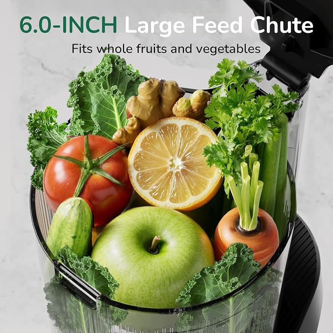 Canoly 3-in-1 Cold Press Juicer C16, Makes Juice & Sorbet & Nut Milk | 6" Extra Wide Feed Chute, Powerful AC Brushless Motor, Self Precut System, Juicer Machines with BPA-Free (Pearl White)