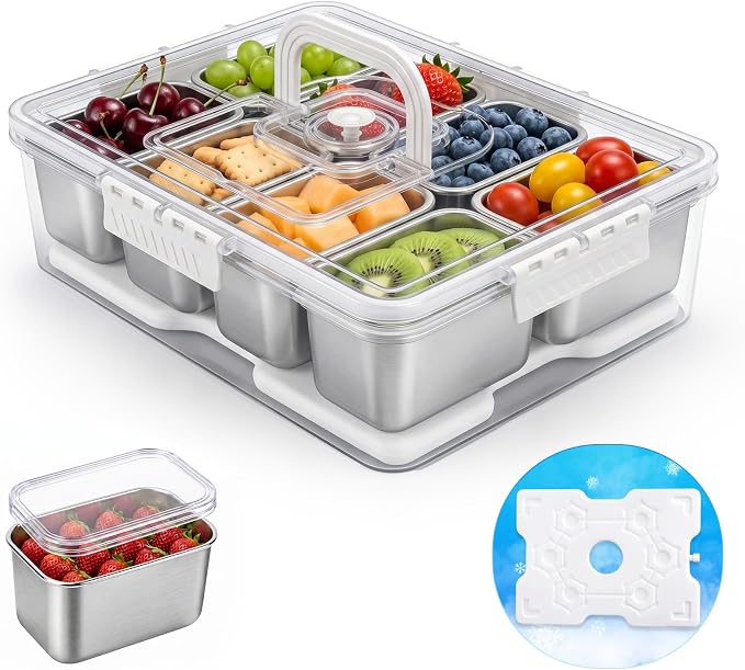 Homelove Snackle Box Container with Ice-Pack, Snack Container Divided Serving Tray with 8-Compartment Snack Platter, Lid and Handle, Food Organizer for Outdoor Travel Party Beach Picnic