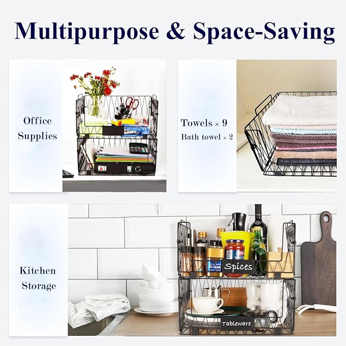 4 PACK XXL Stackable Wire Baskets for Pantry Organization and Storage | Heavy Duty Metal Wire Baskets with Labels,Open Front Pantry Bins for Kitchen,Snacks,Chips,Cans,Potatoes & Produce