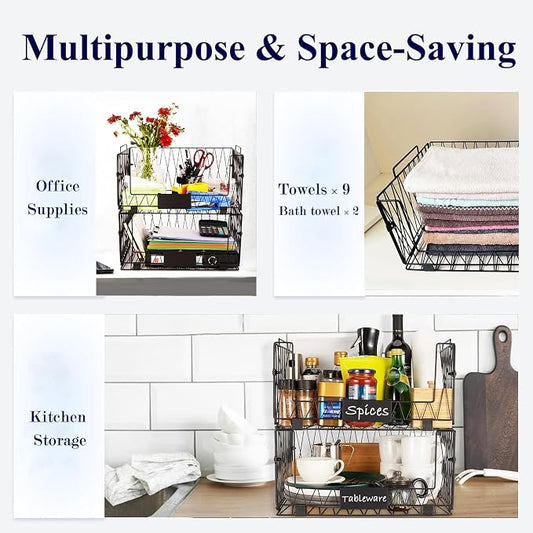 4 PACK XXL Stackable Wire Baskets for Pantry Organization and Storage | Heavy Duty Metal Wire Baskets with Labels,Open Front Pantry Bins for Kitchen,Snacks,Chips,Cans,Potatoes & Produce