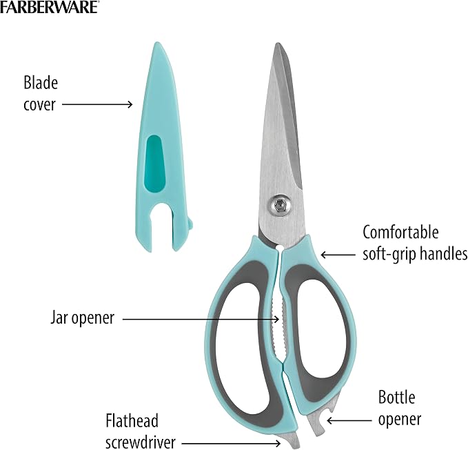Farberware 4-in-1 Kitchen Shears, 2-Piece, Aqua and Gray