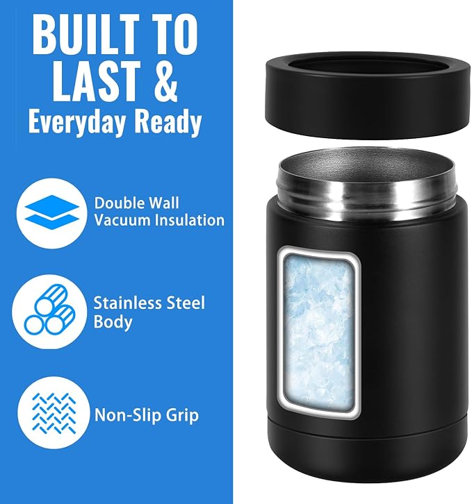 Can Cooler 12 OZ Beer Holder, Stainless Steel Beverage Can Insulator | Standard Size Cans Holder with Vacuum Insulated, Metal Koozie for Cans, Black