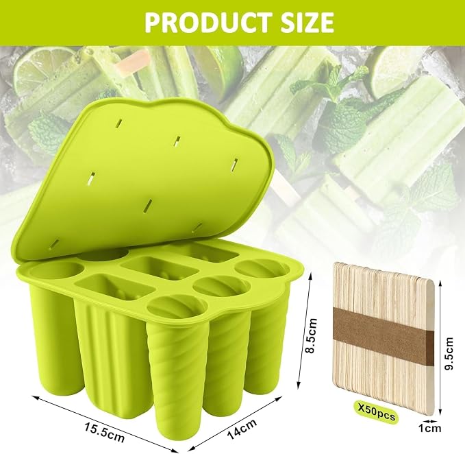 9 Cavity Popsicles Molds with 50pcs Wooden Sticks, Silicone Popsicle Molds, BPA Free Popsicle Maker Mold, Reusable Homemade Ice Pop Mold, Easy-Release Ice Cream Mold for Kids Adult