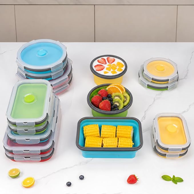Collapsible Food Storage Containers with Lid & Air Vent, 16 Pack, 8 Rectangular + 8 Round, Annaklin Foldable Silicone Lunch Containers Collapsible Bowls Set, Microwave Freezer Dishwasher Safe, 4-Color