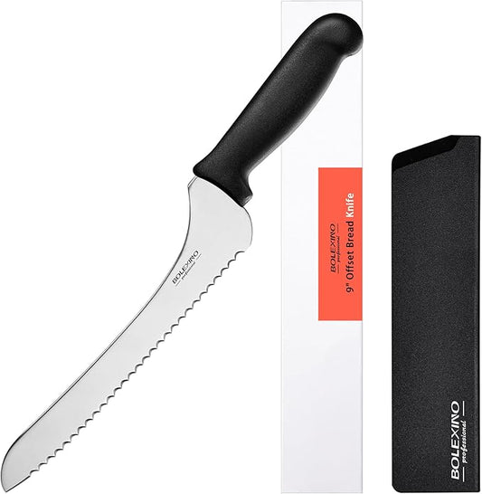9 Inch Offset Serrated Bread Knife, Wavy Edge knife, High Carbon Stainless Steel Multi-Purpose Kitchen Knife for Homemade Bread, Crusty Breads, Cake, Bagel