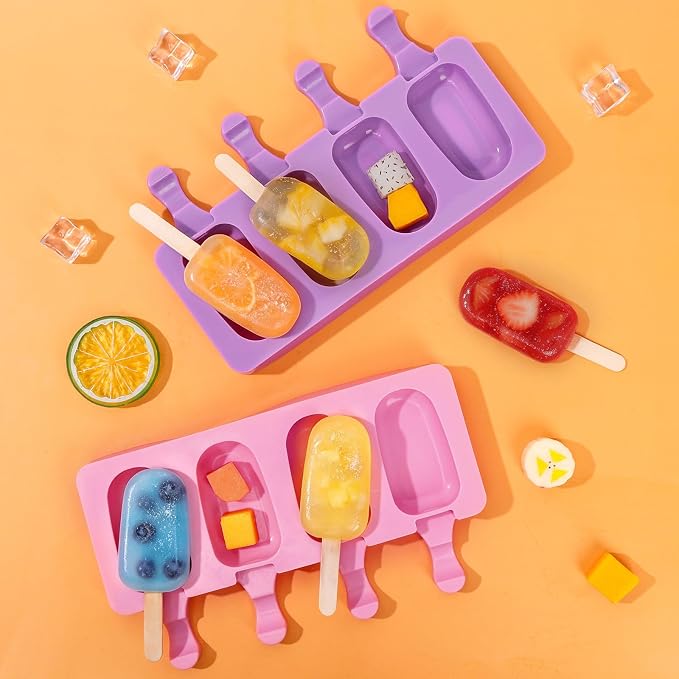 Ouddy Life Popsicle Molds Set of 2, Ice Pop Molds Silicone 4 Cavities Ice Cream Oval Cake Pop Mold with 50 Wooden Sticks for DIY Popsicle, Purple Pink