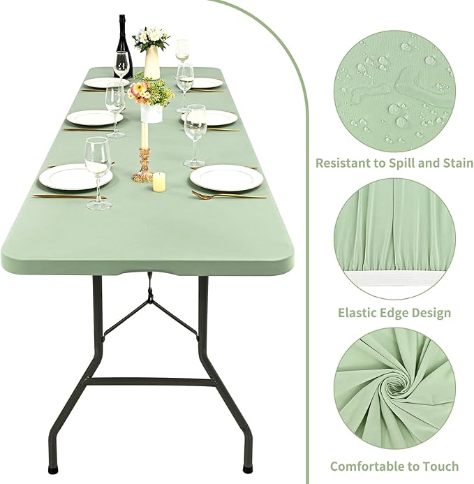 10 Pack Fitted Tablecloth for 6 Foot Rectangle Tables, Sage Green Elastic Outdoor Picnic Table Cover, Washable Stretch Folding Table Cloths 6 ft for Camping Party Patio Kitchen Banquet, 30" W x 72" L