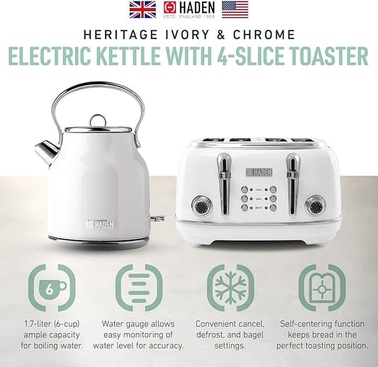 Haden Heritage Stainless Steel Body Retro Electric Tea Kettle, White and Haden Heritage 4 Slice Wide Slot Stainless Steel Retro Toaster, White