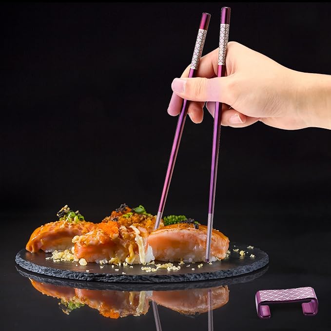 Metal Chopsticks Reusable 2 Pairs Titanium Stainless Steel 18/8 Chopsticks with Holder, Dishwasher Safe Lightweight Japanese Style Chopsticks Gift Set (Purple)