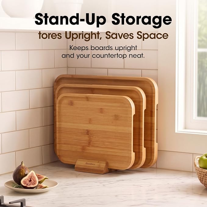 Bamboo Cutting Board Set of 3 with Stand, Non-toxic | Deep-Carbonized FSC-Certified Bamboo | 3 Large Sizes, Reversible prep & Serving Sides, Sloped Groove & Corner Sauce Well