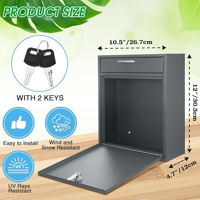 Yaocom Locking Mailbox with Key for Outdoor 12 x 10.5 x 4.7 Inches Large Wall Mount Mail Box with Lock Security Mail Drop Metal Collection Boxes Hanging Secure Postbox(Dark Gray)