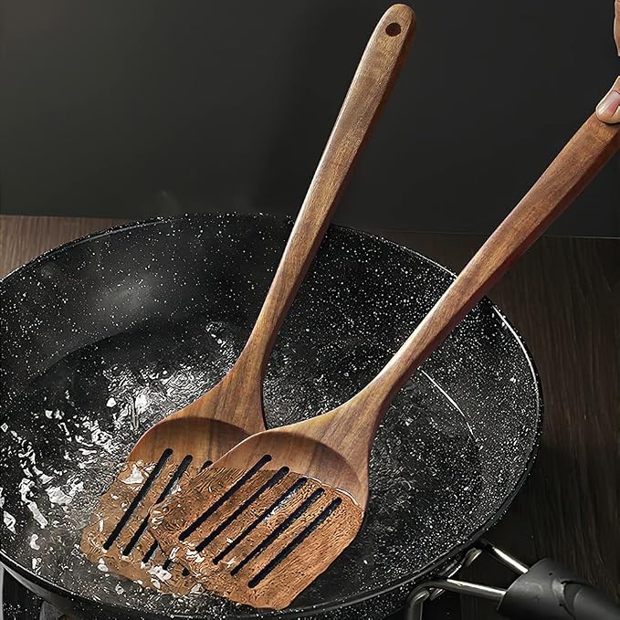 Wooden Spatulas Set of 2, Acacia Wood Rice Paddle with Slotted Design for Nonstick Cookware