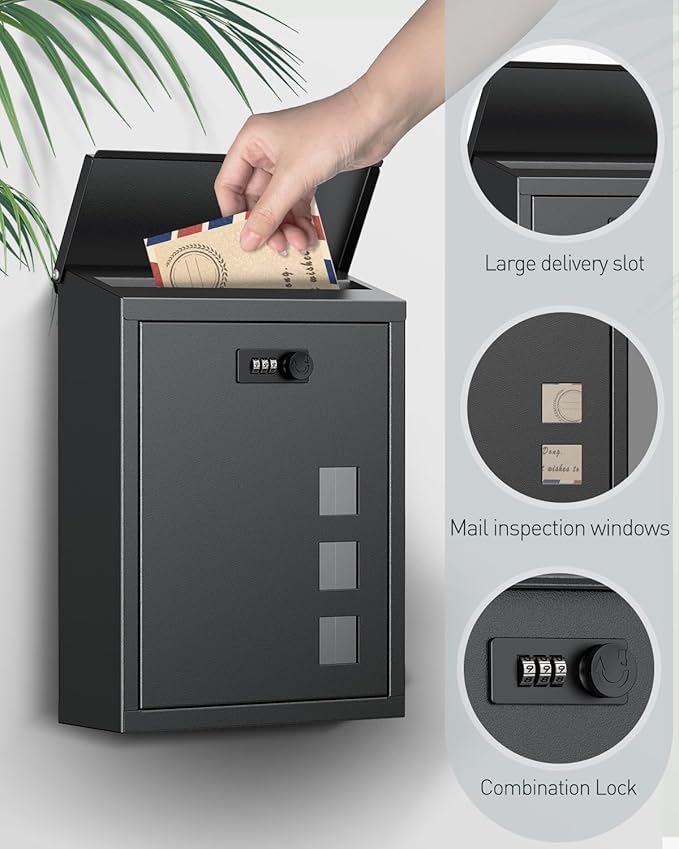 Uniclife Large Mailbox, Wall Mount Mailboxes for Outside, Black | Mail Boxes with Combination Lock, Security Locking Key Drop Box for House School Office and Outdoor