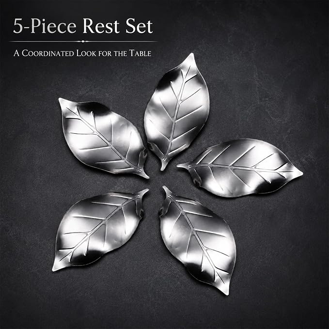ChezMax Pack of 5 Zinc Alloy Chopsticks Spoon Forks Knives Tableware Rest Set, Leaves