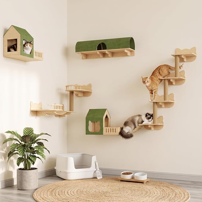 16-in-1 Cat Wall Shelves, Solid Pine Wood Cat Climbing System with Tunnel, Perch, Bridge, Condo and Sisal Scratching Post, Indoor Wall-Mounted Furniture for Cats