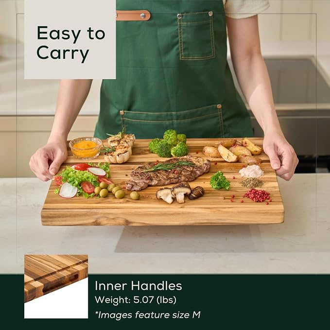 EZ FURNITURE Small (S) Teak Edge Grain Cutting Board, Reversible, Knife-Friendly Charcuterie Wood Cutting Board with Juice Groove & Handles, Non-Toxic, Gift Box Included (14" x 10" x 1")