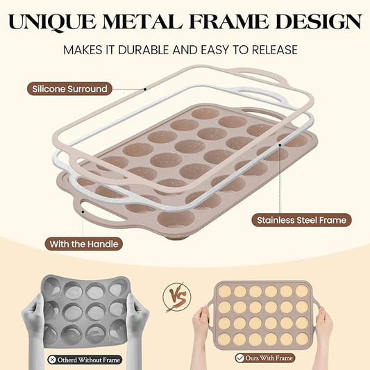 Vinino Mini Silicone Muffin Pans for Baking with Metal Reinforced Frame, 24 Cups Brown Regular Size Nonstick Cupcake Pan, BPA Free Oven Dishwasher Safe Baking Mold for Muffins Cupcakes