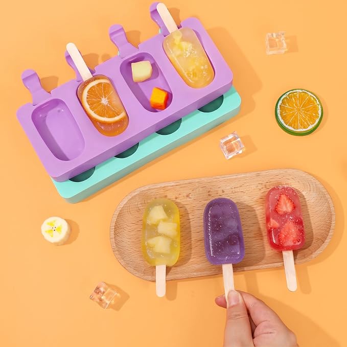 Ouddy Life Popsicle Molds Set of 2, Ice Pop Molds Silicone 4 Cavities Ice Cream Oval Cake Pop Mold with 50 Wooden Sticks for DIY Popsicle, Purple Green