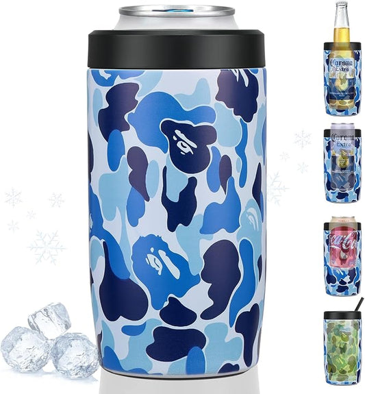 4-in-1 Slim Can Cooler Easy to Hold Insulated Beer Can Holder Double-walled Stainless Steel for All 12 Oz Cans (Camouflage Blue)
