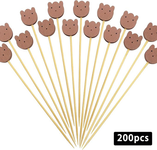 BLUE TOP 200PCS 4.7 Inch Brown Bears Bamboo Cocktail Picks Bamboo Toothpicks Fruit Picks for Home Party Appetizers Cocktail Decorations Charcuterie Board