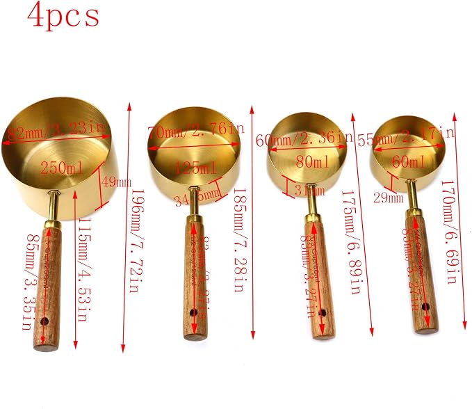 4pcs Stainless Steel Measuring Cups Wooden Handle, 4 Sizes, Gold | Measuring Cup and Spoon Set, Measuring Scoops, For Measuring Dry and Wet Ingredients, 250ml, 125ml, 80ml, 60ml