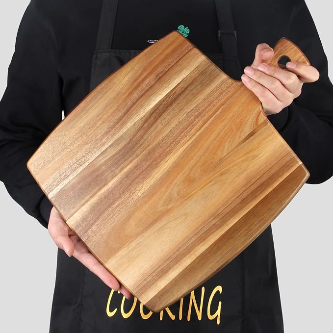 16.6"x13" Large Acacia Wood Cutting Board with Handle Big Wooden Charcuterie Boards Butcher Block Meat Cutting Boards for Kitchen Decor Bread Cheese Serving Platter Thick Teak Chopping Board Food Tray | Square Decorative Big Wooden Cutting Boards for D...
