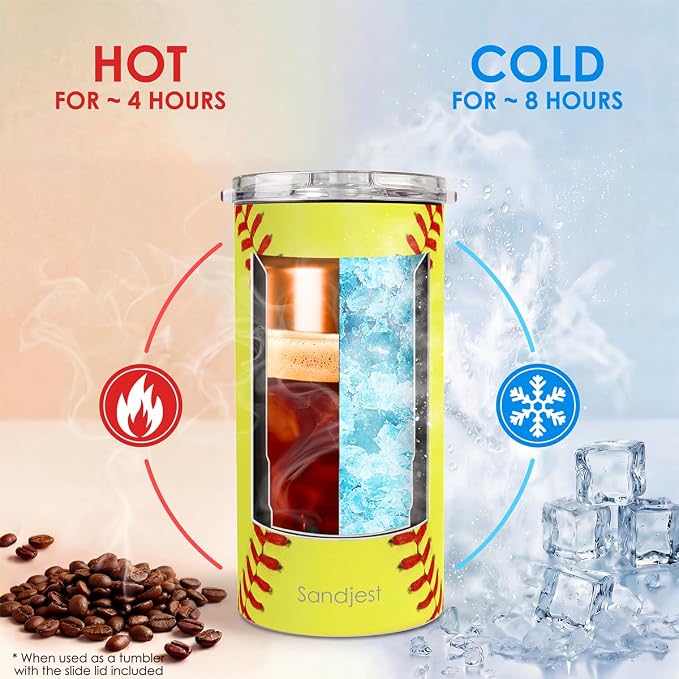 Softball Can Cooler 12oz - Travel Mug Cups - Stainless Steel Insulated for Men Women Players - Tumbler Cans Koozie, Sport Gift for Fan Coach Lovers