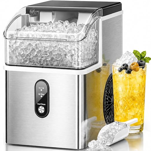 Kismile Nugget Ice Makers Countertop,35Lbs/24H,Portable Sonic Ice Machine with Self-Cleaning,One-Click Operation for Home/Office(Stainless Steels Silver)