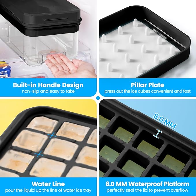 1.0" Ice Cube Trays for Freezer, PHINOX Ice Tray, 2-Tier(32Cubes/Tier)Black