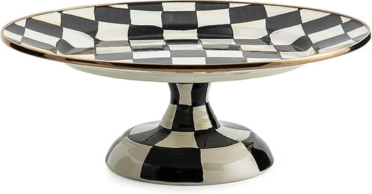 MACKENZIE-CHILDS Enamel Pedestal Serving Platter, Decorative Serving Dish for Food, Small, Black-and-White Courtly Check