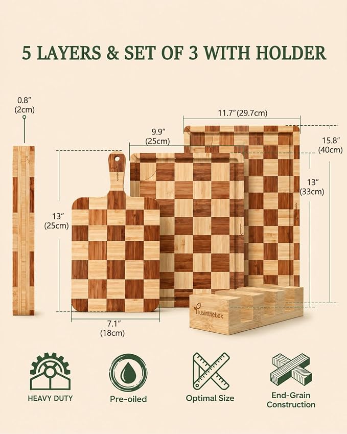 Checkered Cutting Board Set with Holder, Set of 3 End Grain Butcher Block Boards for Kitchen, Bamboo Serving Board with Handle for Cheese, Charcuterie, Meat, Fruit and Meal Prep