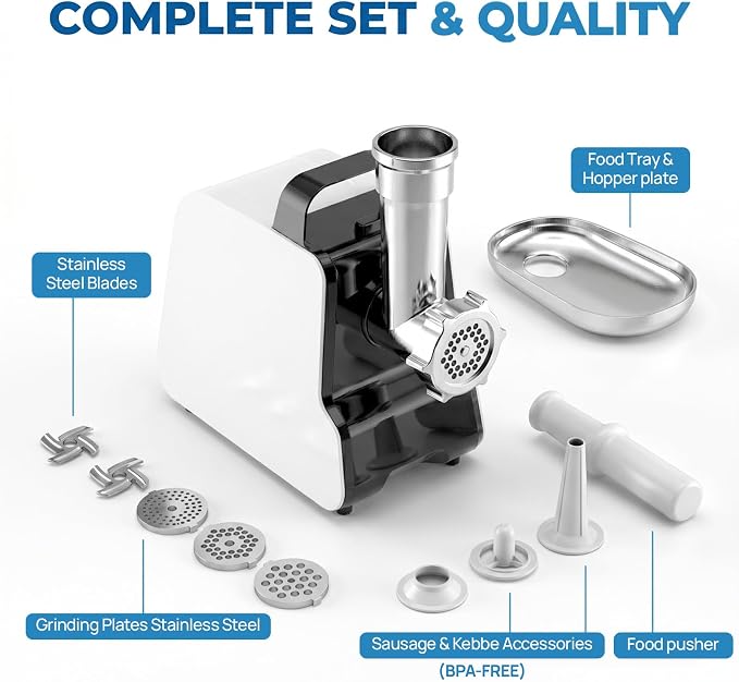 Electric Meat Grinder, 2300W Max, Heavy Duty Sausage Stuffer with 2 Blades, 3 Grinding Plates, Sausage Tube & Kubbe Kit, Home Kitchen Meat Mincer with Handle (Black)